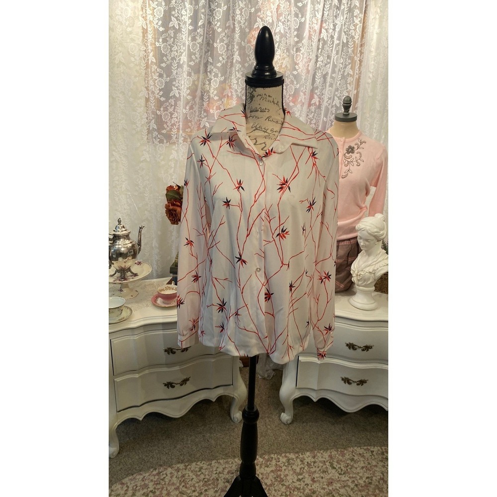 Vintage Botanical Branch Print Button Down Blouse White Red Navy Long Sleeve